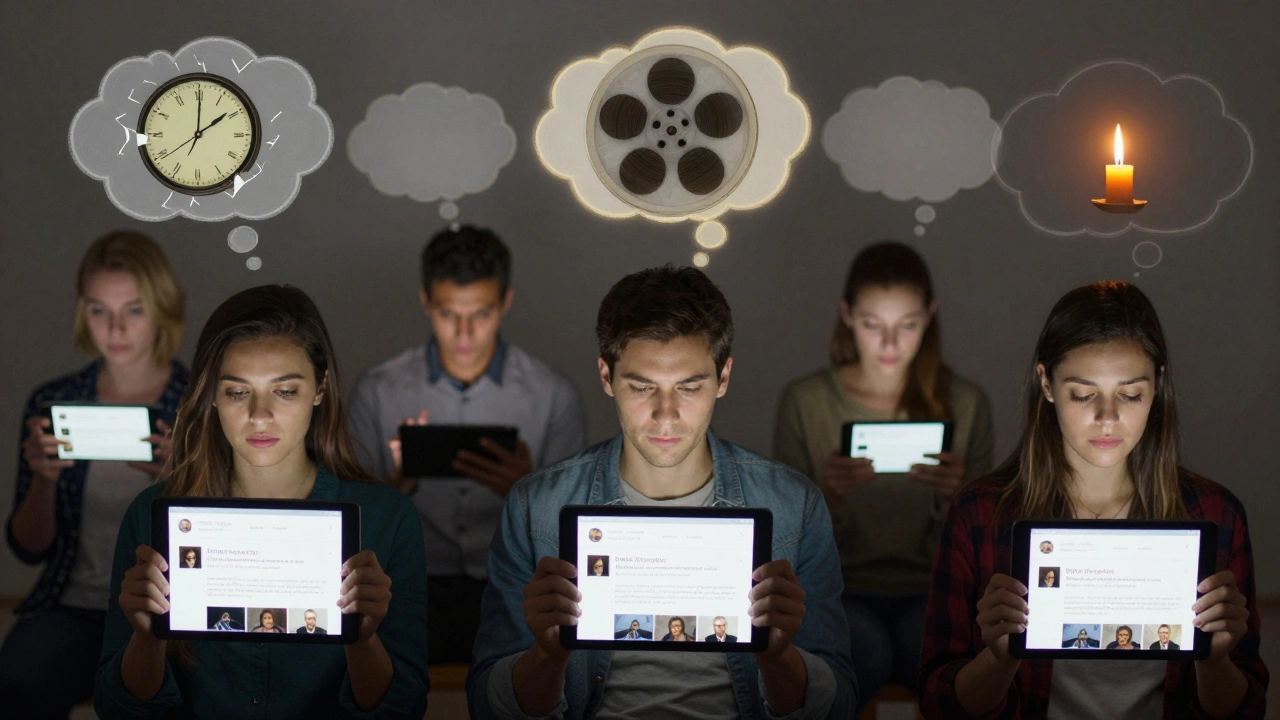 People from diverse backgrounds connect through thought bubbles filled with cinematic symbols and conversation threads.