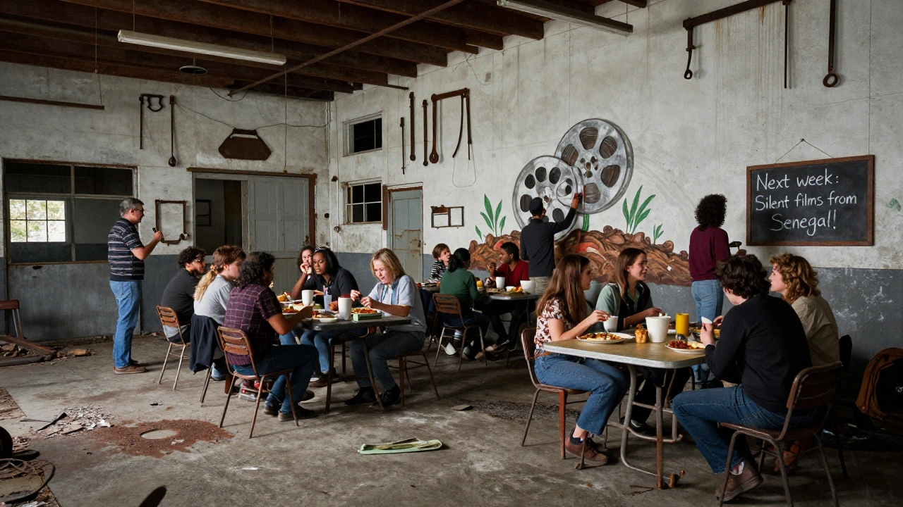 People share food and conversation after a film screening in a converted auto shop, with tools and murals on the walls.