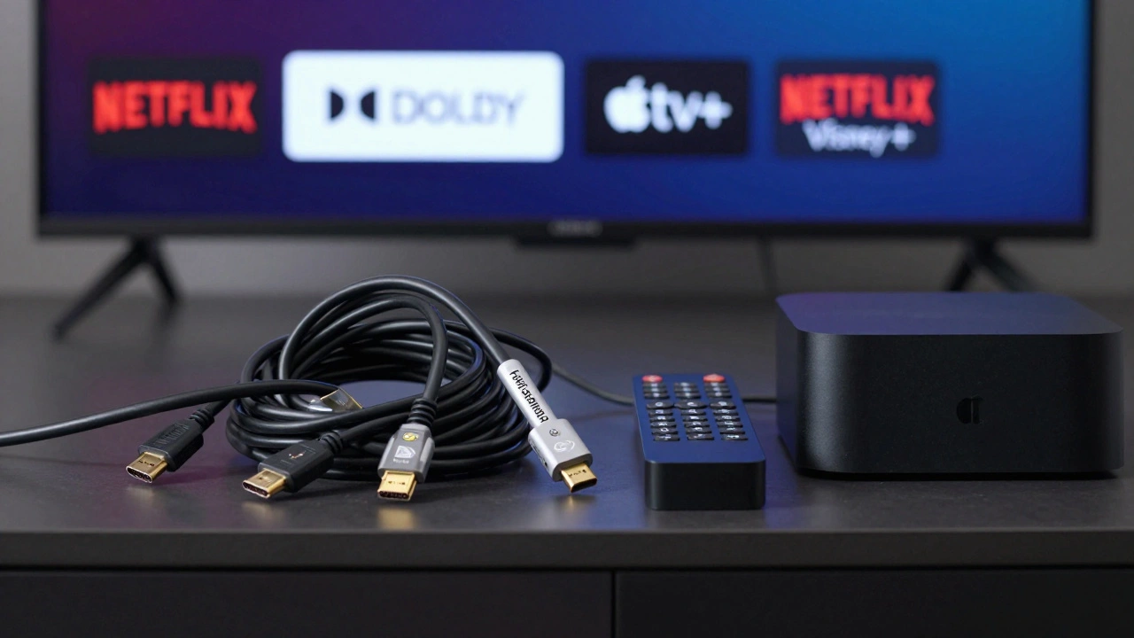 Premium HDMI cable beside streaming devices and remote, glowing from a TV screen, symbolizing the hardware needed for high-quality streaming.