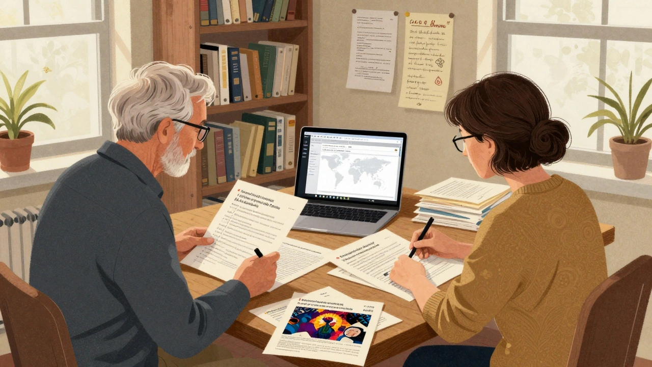 Professor and fan scholar reviewing fan interviews and digital archives of film analysis together.