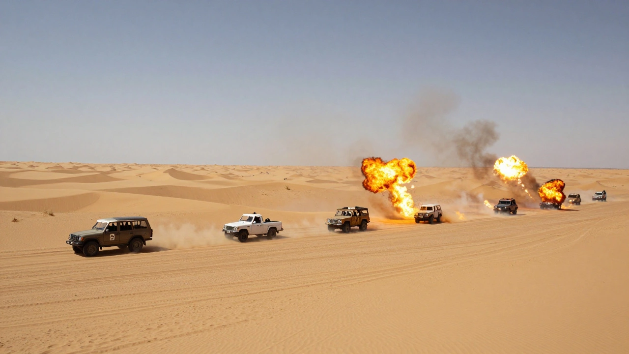 Real vehicles explode in a desert chase, flames and dust billowing under natural sunlight with no digital effects.