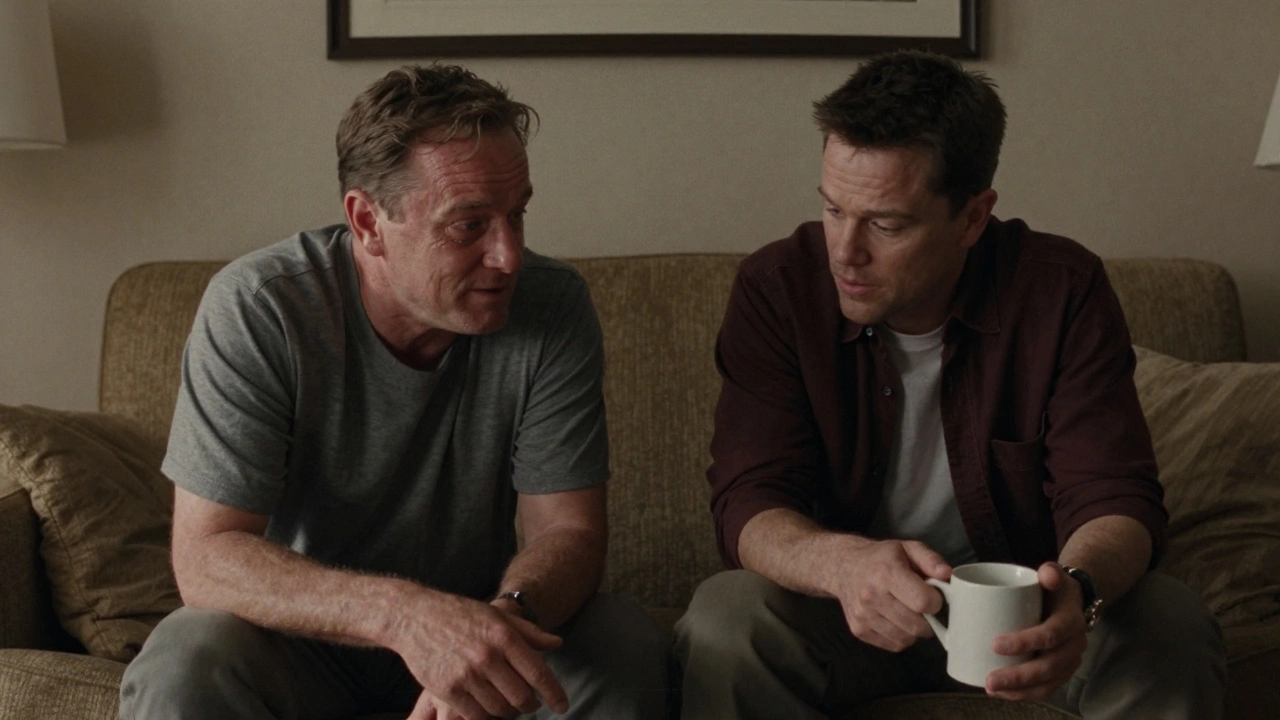 Robin Williams and Matt Damon share a quiet, emotional moment in an improvised scene, filled with unspoken grief.