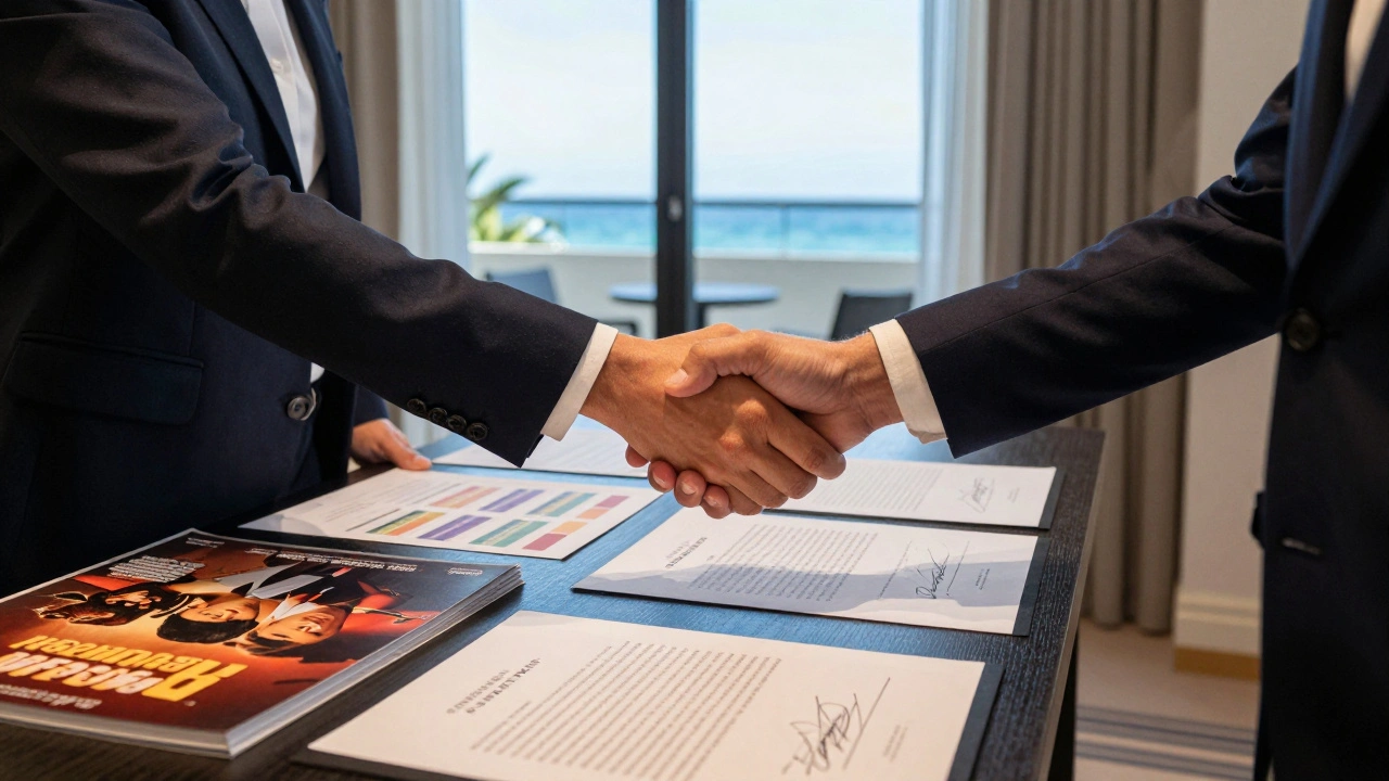 Sales agent and distributor shaking hands at Cannes Film Market with contracts on table.