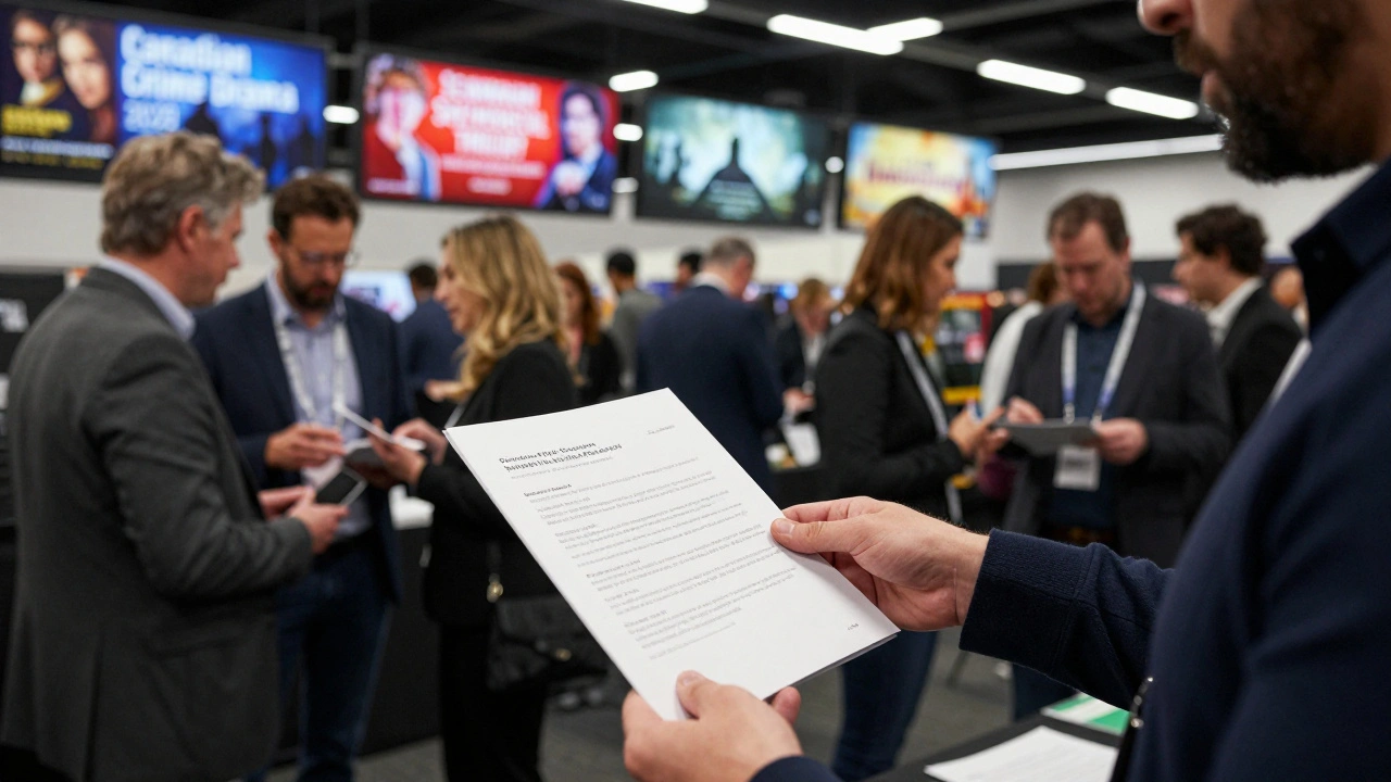 Sales agent handing a film package to an international distributor at a film market.