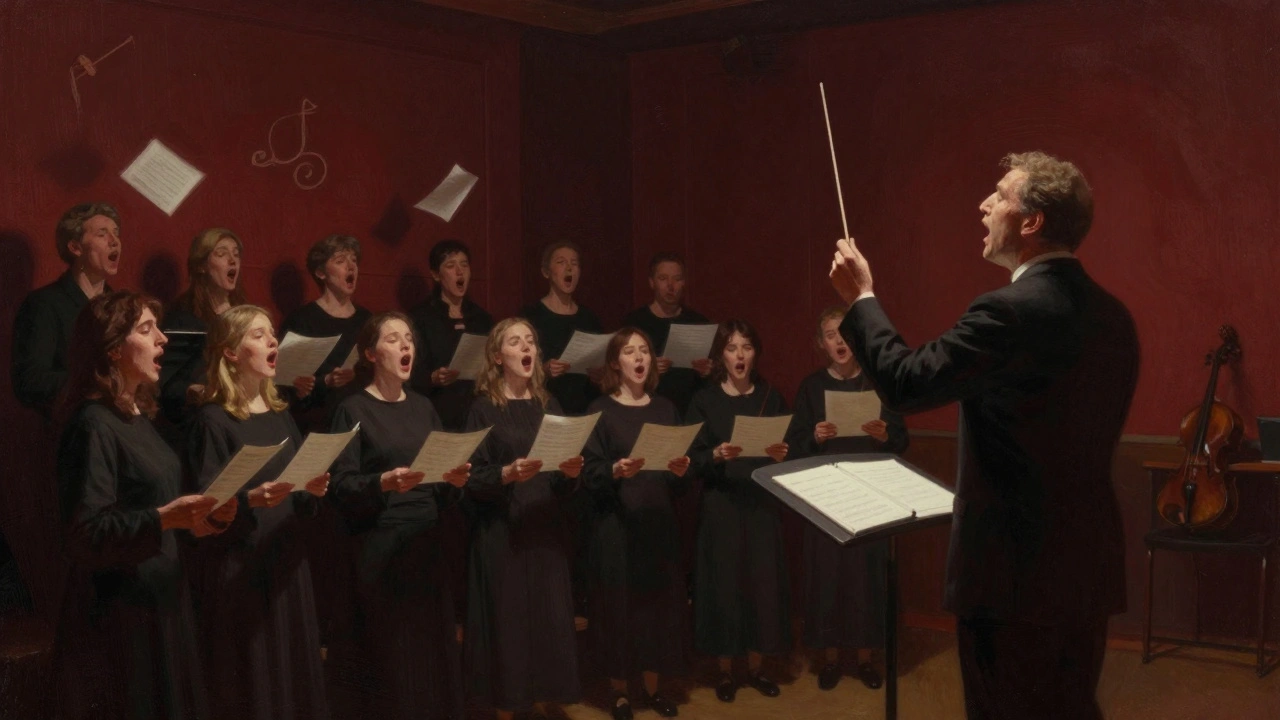 Serbian choir singing with emotional intensity in a dim studio, spotlights highlighting their faces, spiritual atmosphere.