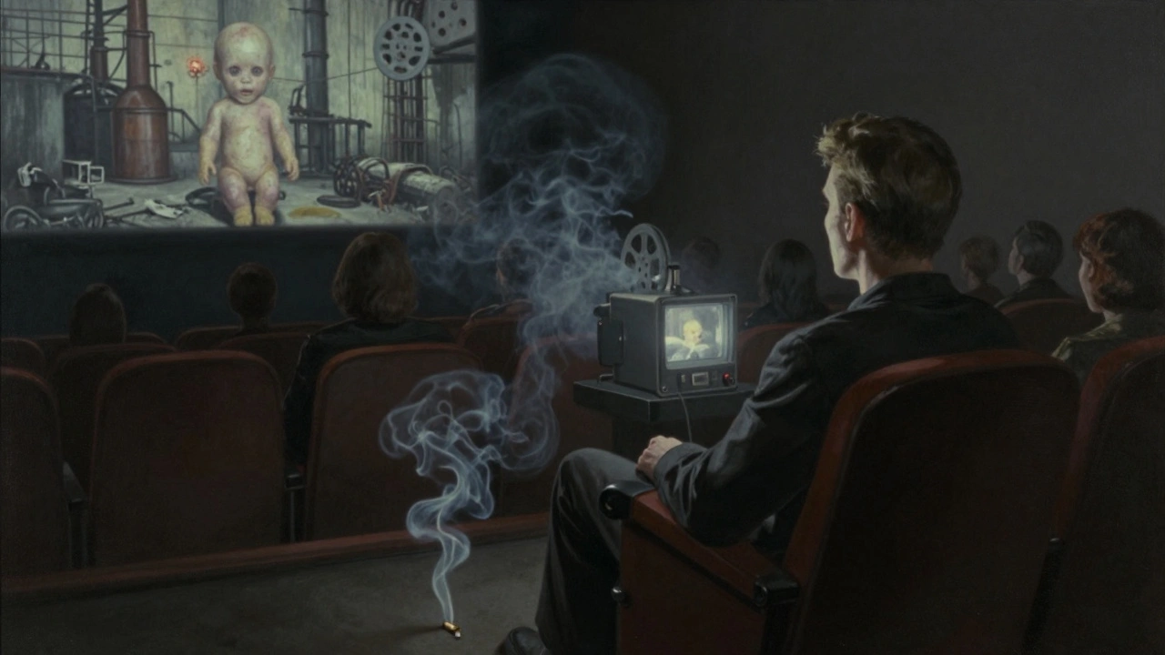 Silent audience in dark theater illuminated by flickering projection of Eraserhead’s surreal nightmare.