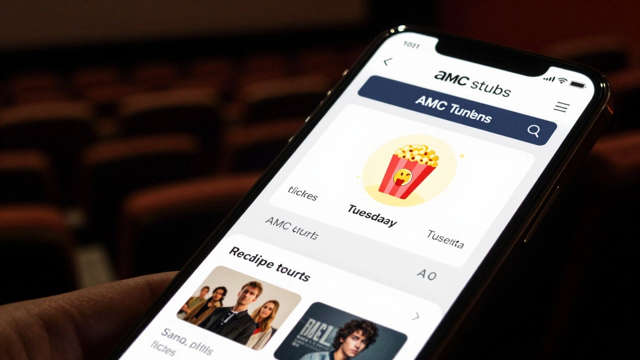 Smartphone screen showing a loyalty app with discounted tickets, popcorn points, and a re-release notification in a dark theater.