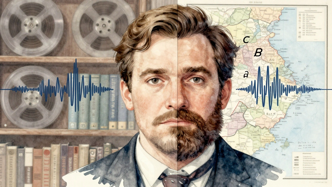 Split-face portrait showing an actor's neutral expression and transformed accent with linguistic symbols floating between.