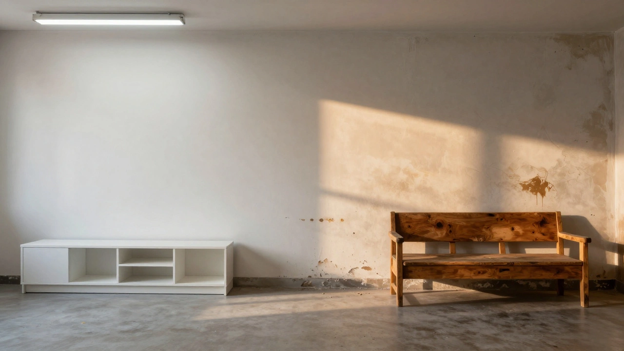 Split image showing a sterile set on the left and an aged, textured set on the right, illuminated by golden sunlight.