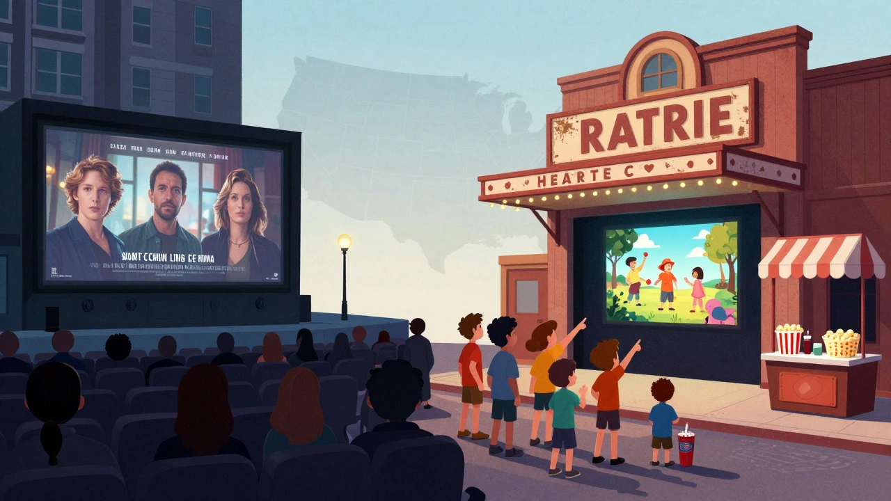 Split image: urban cinema showing an indie film to a small crowd, rural theater packed with families watching an animated movie.