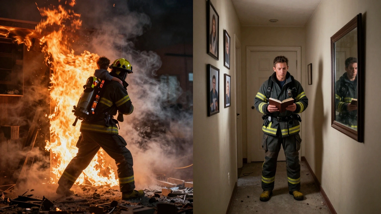 Split scene: firefighter rescuing a child in flames versus standing alone in his empty home, reflection showing inner emptiness.
