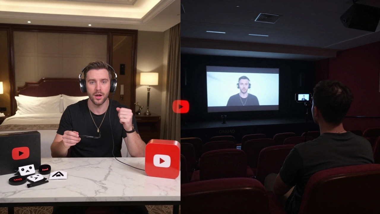 Split scene: influencer in luxury hotel vs. independent blogger in small theater watching same film.