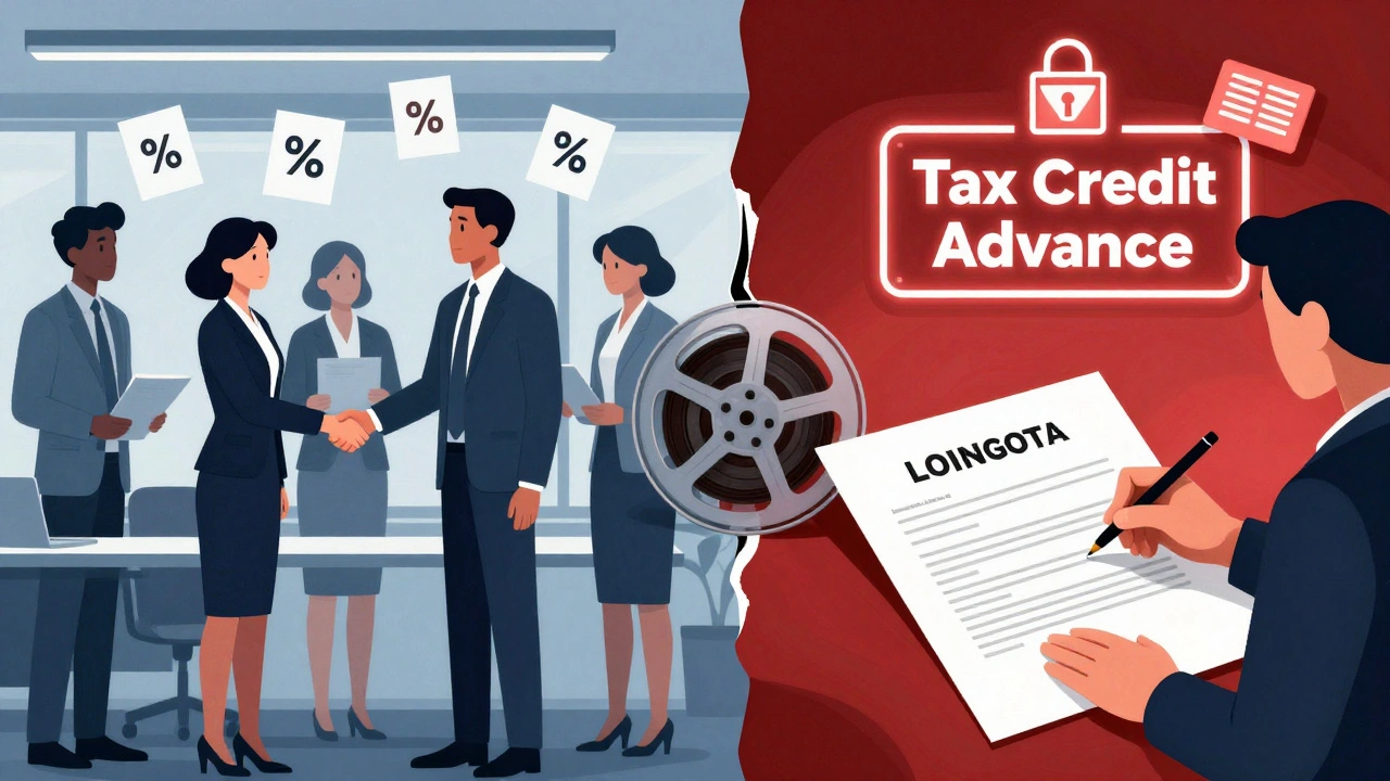 Split scene: investors signing equity deal vs filmmaker securing debt loan.