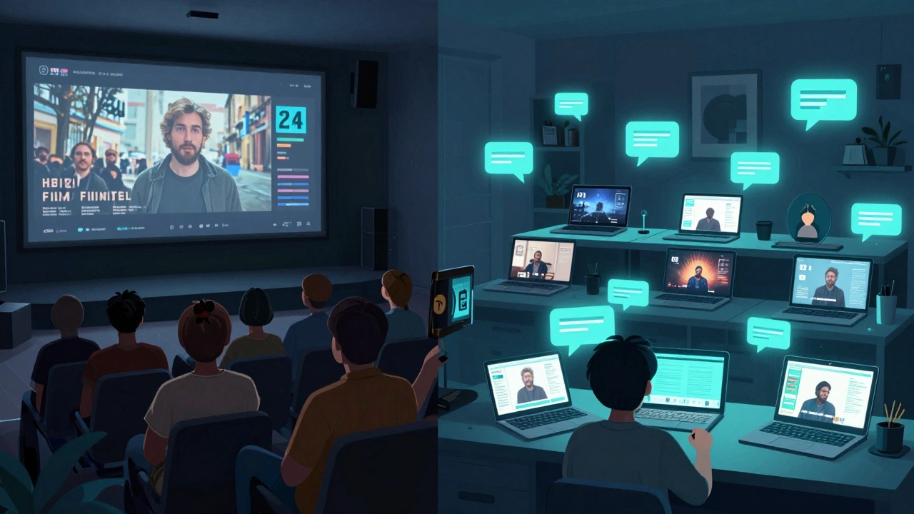 Split scene of people watching films in a theater and at home during a hybrid festival.