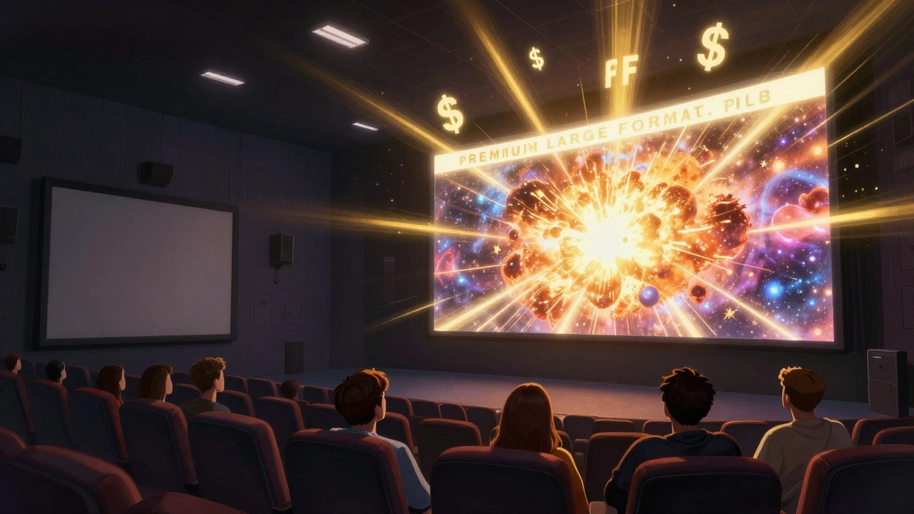 Split scene: ordinary movie theater vs. immersive PLF theater with glowing screen and dramatic visuals.