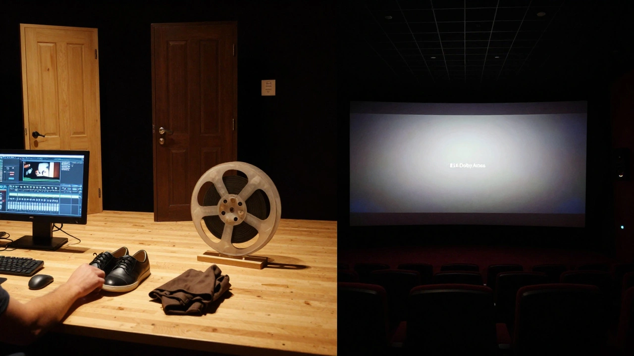 Split scene showing Foley artist syncing sounds in a studio and the same scene playing in a theater with surround speakers.