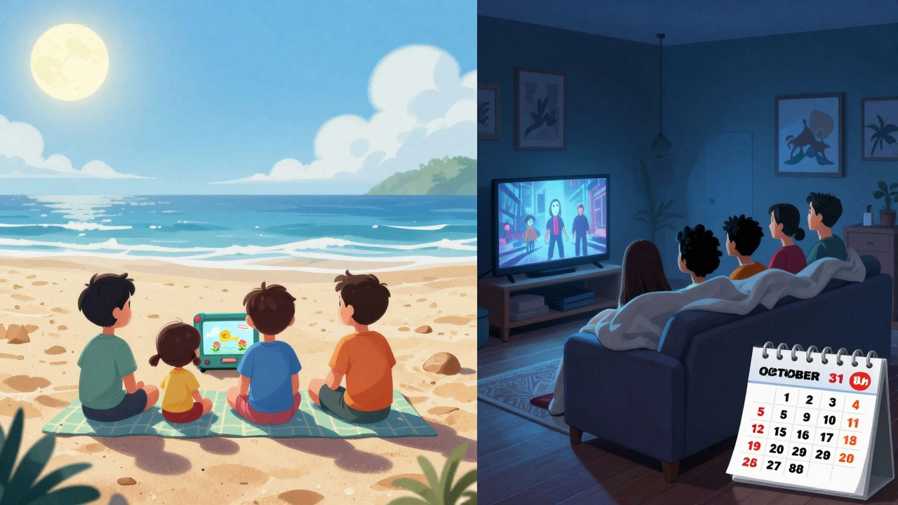 Split-screen comparison: summer family beach movie vs. cozy horror movie night in winter.