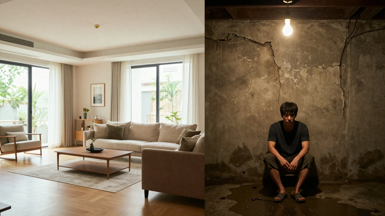 Split-screen contrast between a sunlit upper-class home and a dark, damp basement.
