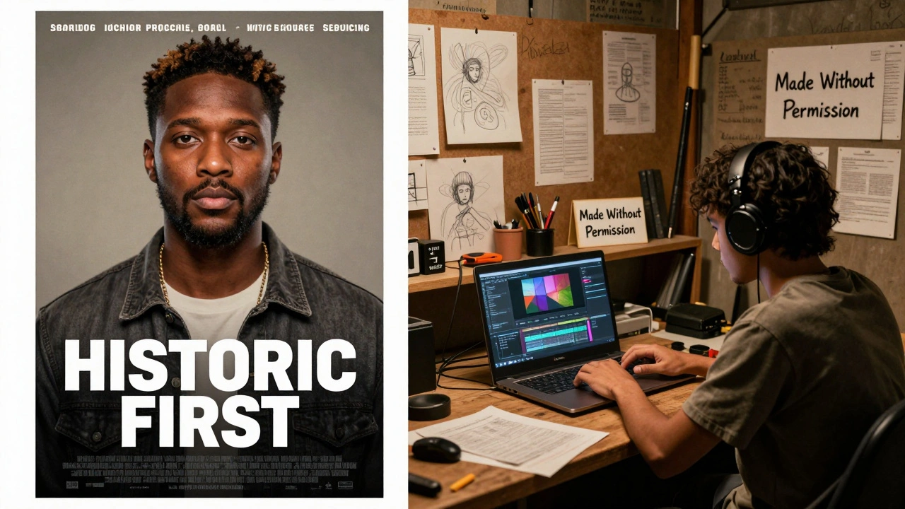 Split-screen: glossy diversity poster vs. a quiet filmmaker editing in a basement, symbolizing authentic creation.