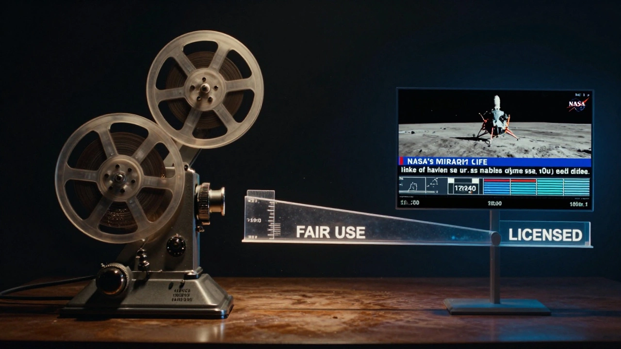 Split-screen of vintage film projector and modern documentary edit with legal fair use scale.
