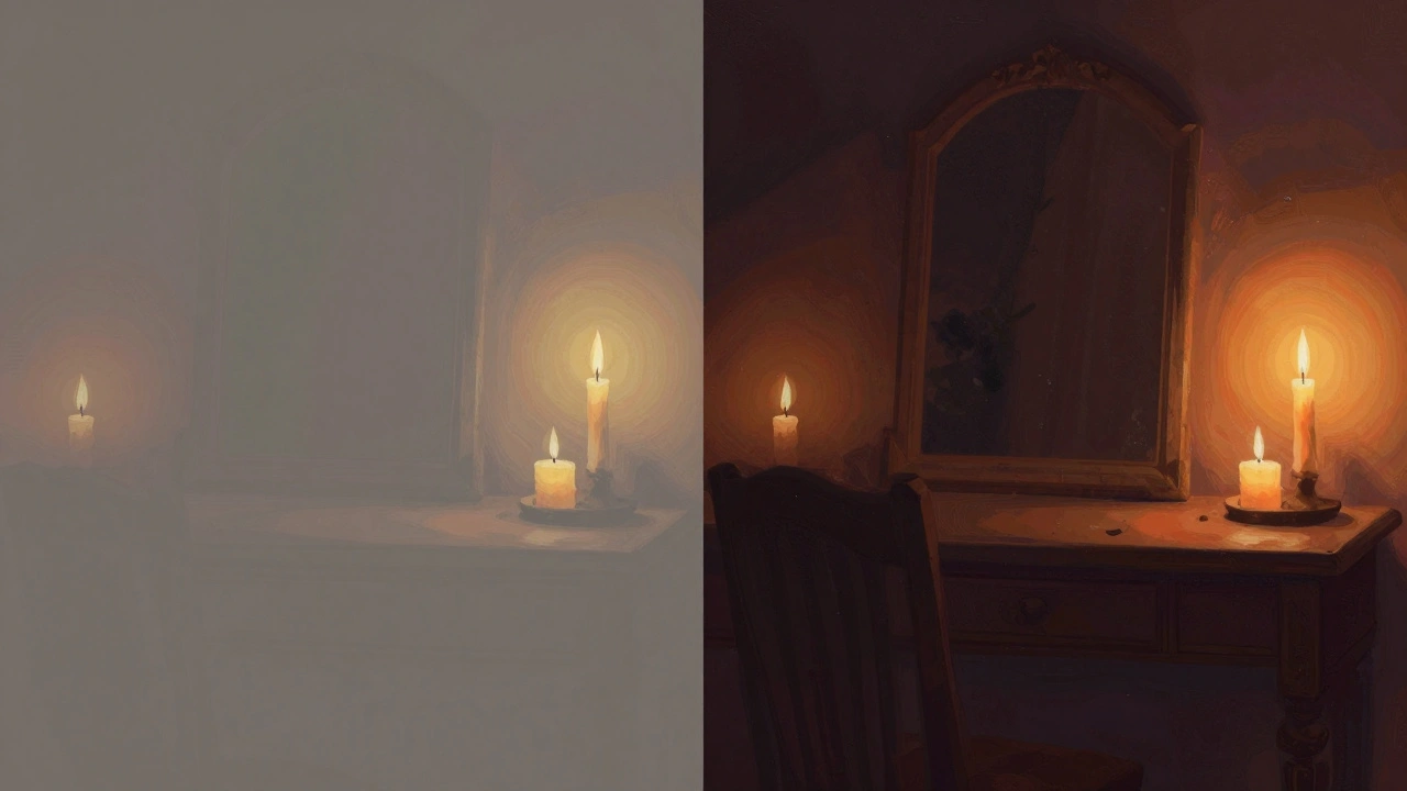 Split-screen showing a dull SDR scene versus a vibrant Dolby Vision version of a candlelit room with rich contrast and texture.