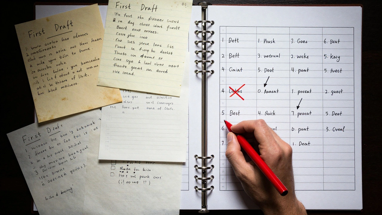 Split-screen showing chaotic notes versus a clean 15-beat outline, with a pen crossing out weak scenes.