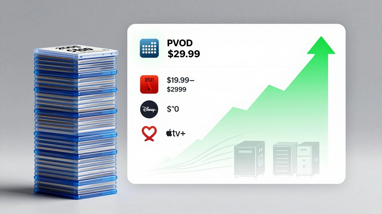 Split visual comparing old DVD sales to modern digital rental and subscription revenue streams.