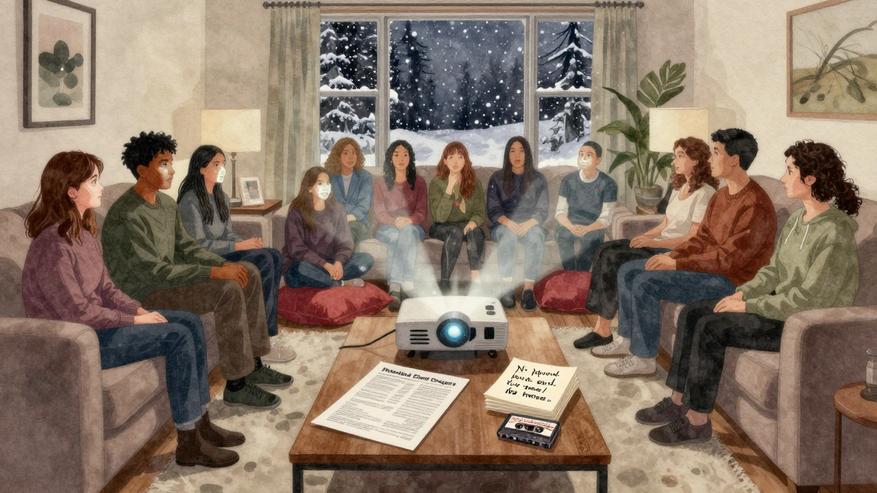 Strangers gathered in a living room for a home screening, film light glowing on faces, cassette tape on table.