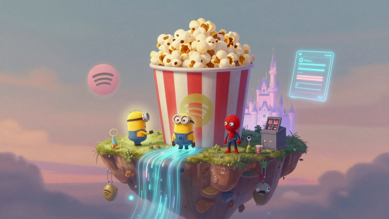 Surreal popcorn island with streaming data rivers and audience figures choosing between Minion, Spider-Man, and Disney castle.