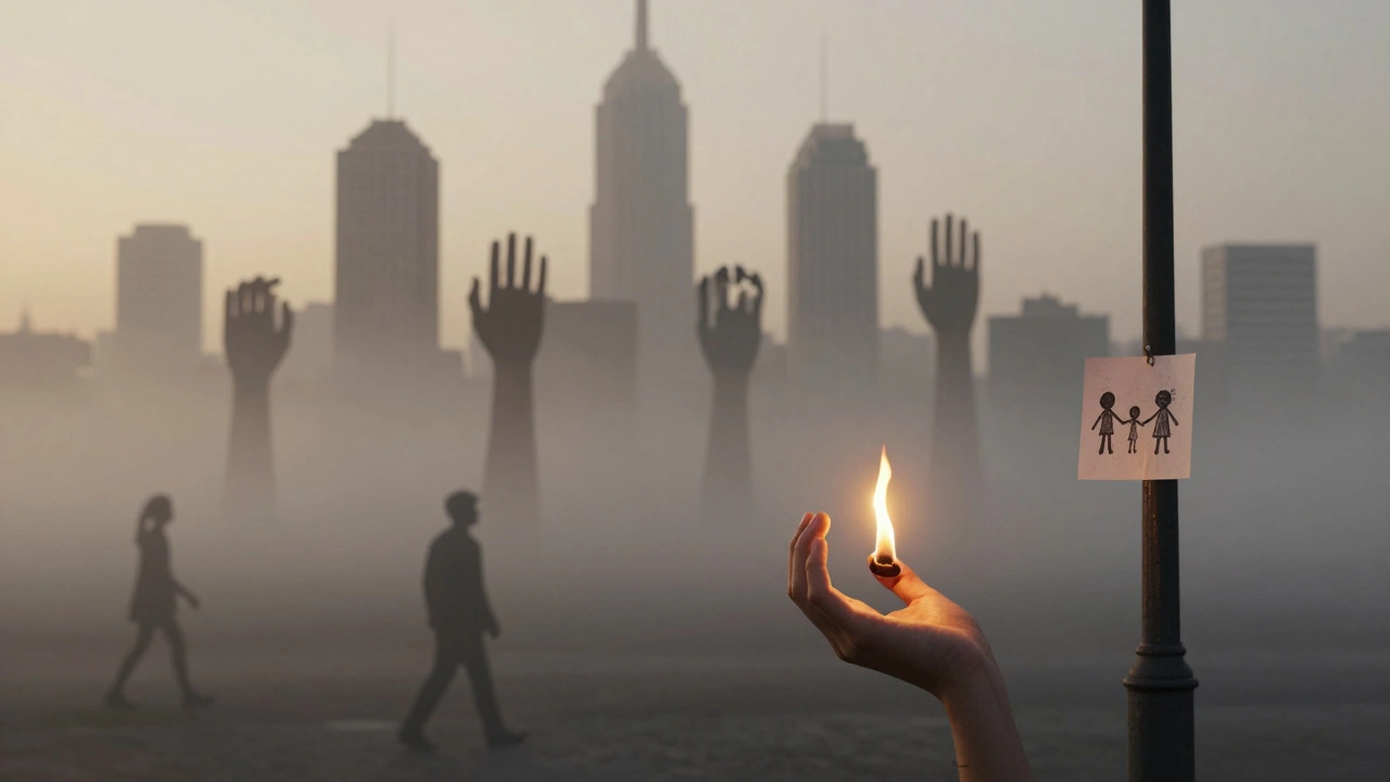 Symbolic city of broken hands reaching skyward, one hand holding a flame beside a child&#039;s drawing of a family.