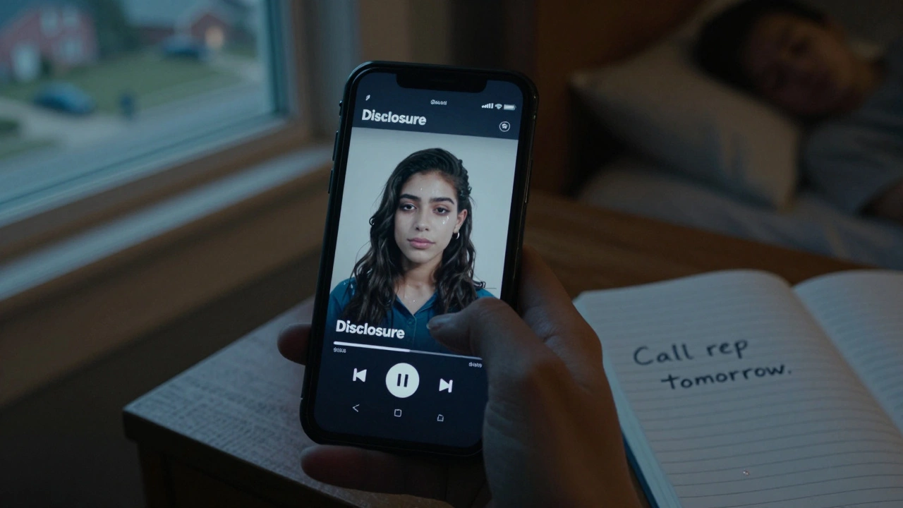 Teenager watching 'Disclosure' on a phone in a dark bedroom, tear on screen.