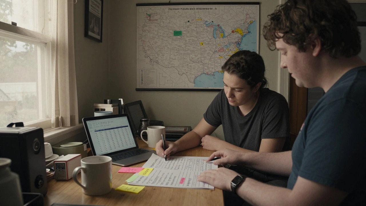 Theater staff reviewing handwritten attendance logs and map of similar theaters on a kitchen table