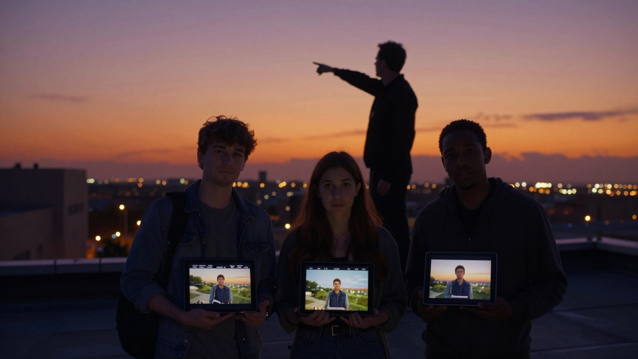 Three emerging filmmakers stand on a rooftop at sunset, looking toward the horizon as a mentor points forward.