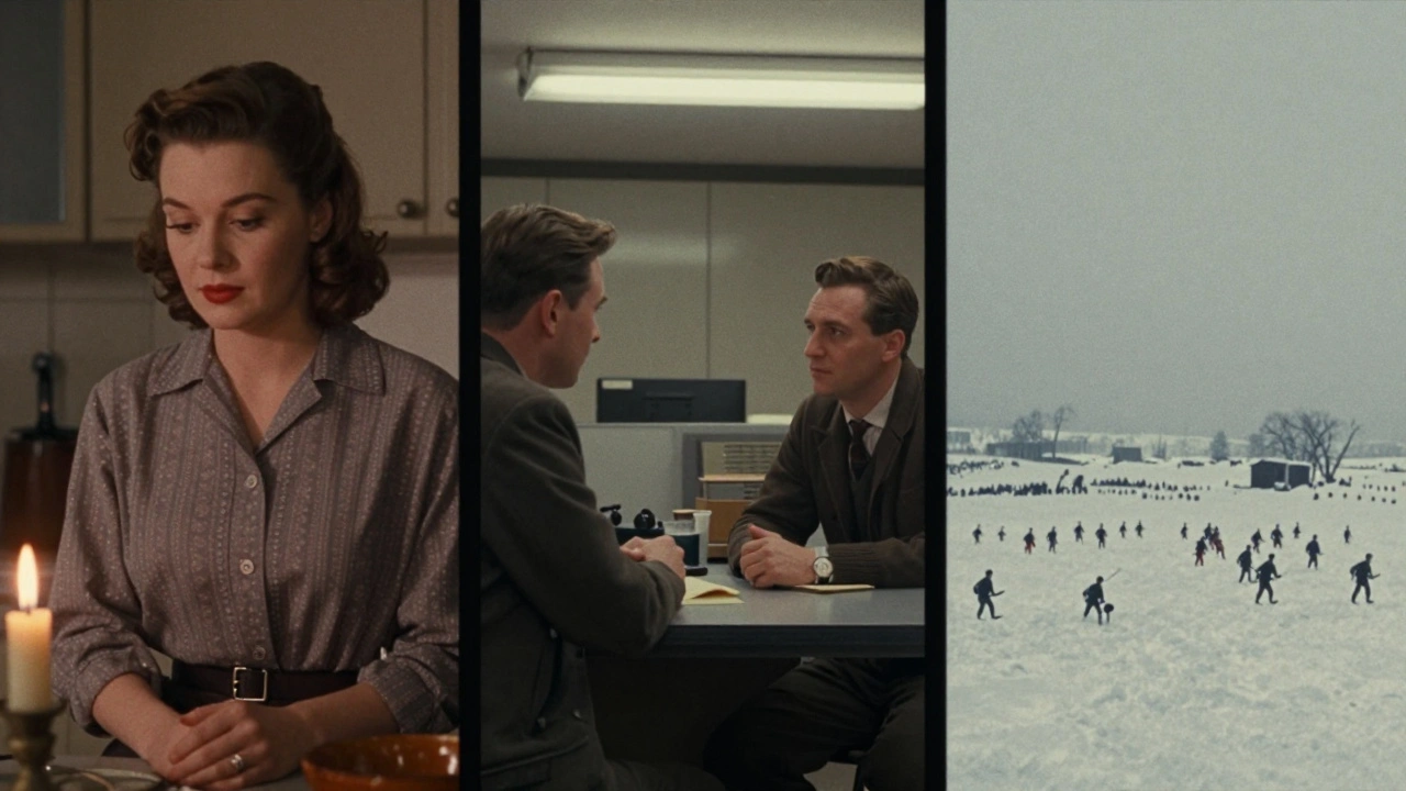 Three film eras depicted side by side: 1.33:1 intimate kitchen scene, 1.85:1 quiet conversation, and 2.76:1 sweeping battlefield, all in vintage film grain.