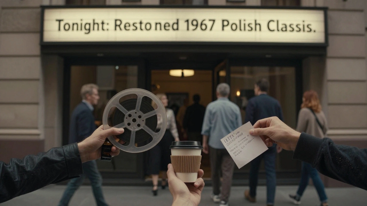 Three hands — holding a film reel, a cup of tea, and a note — connect against a blurred backdrop of patrons entering a cinema.