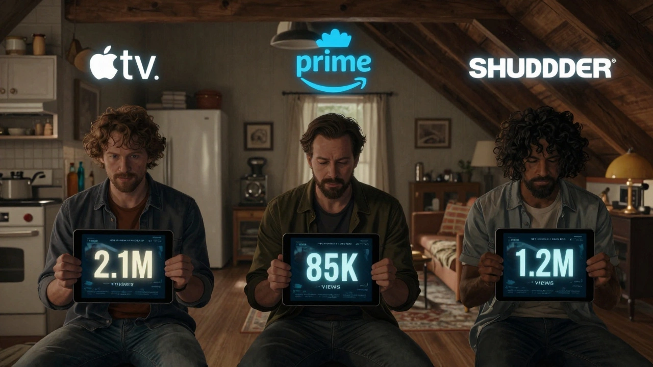 Three indie filmmakers in different homes view streaming success metrics on tablets, with platform logos floating above them.