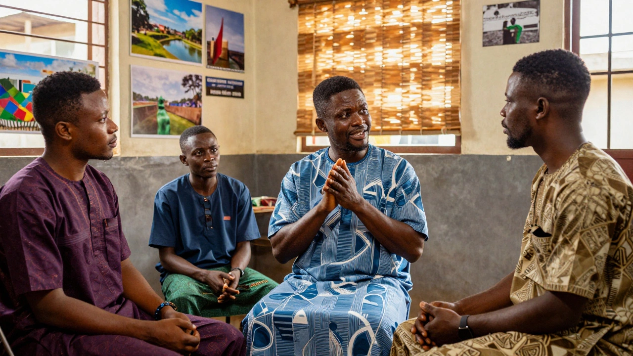Three Nigerian actors audition in a Lagos casting room, one delivering a Yoruba proverb with emotional depth under natural daylight.