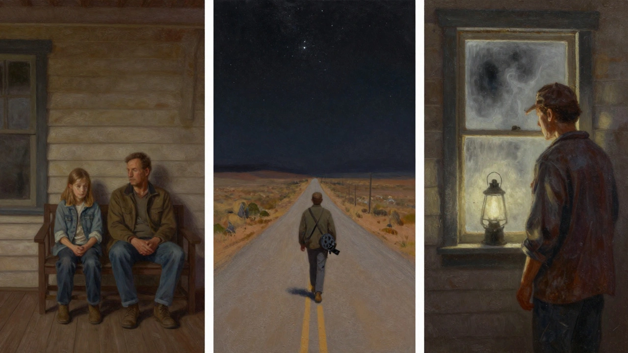 Three quiet cinematic scenes: Appalachian porch, desert road with camera, and lighthouse keeper at window.