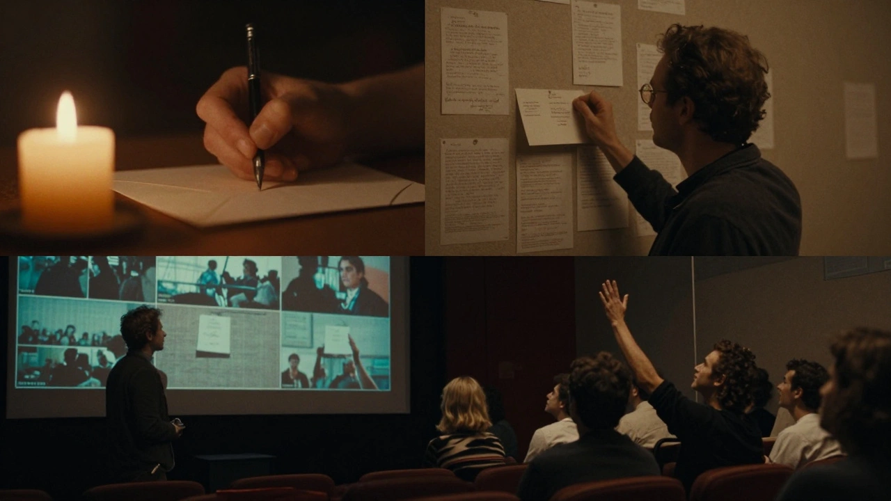 Three quiet moments of film dialogue: writing notes, watching footage, and asking questions at a festival.