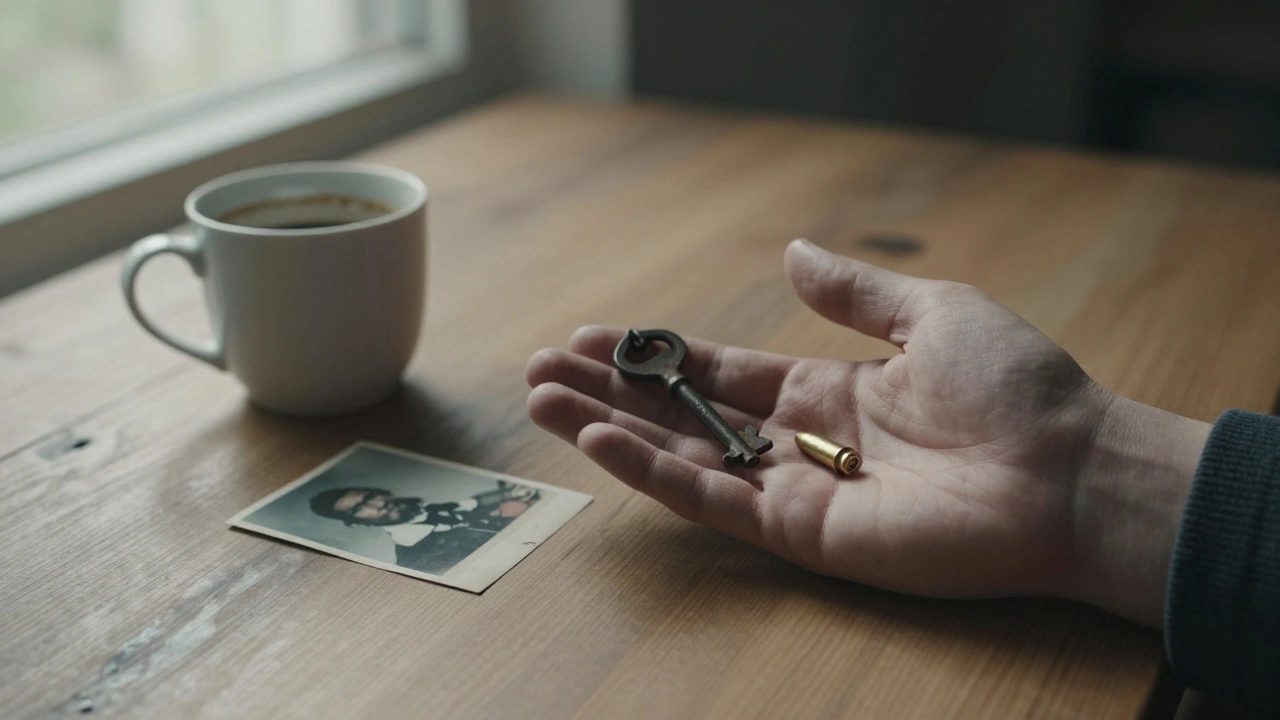 Three small objects — key, photo, bullet — placed on a wooden table with a coffee cup.