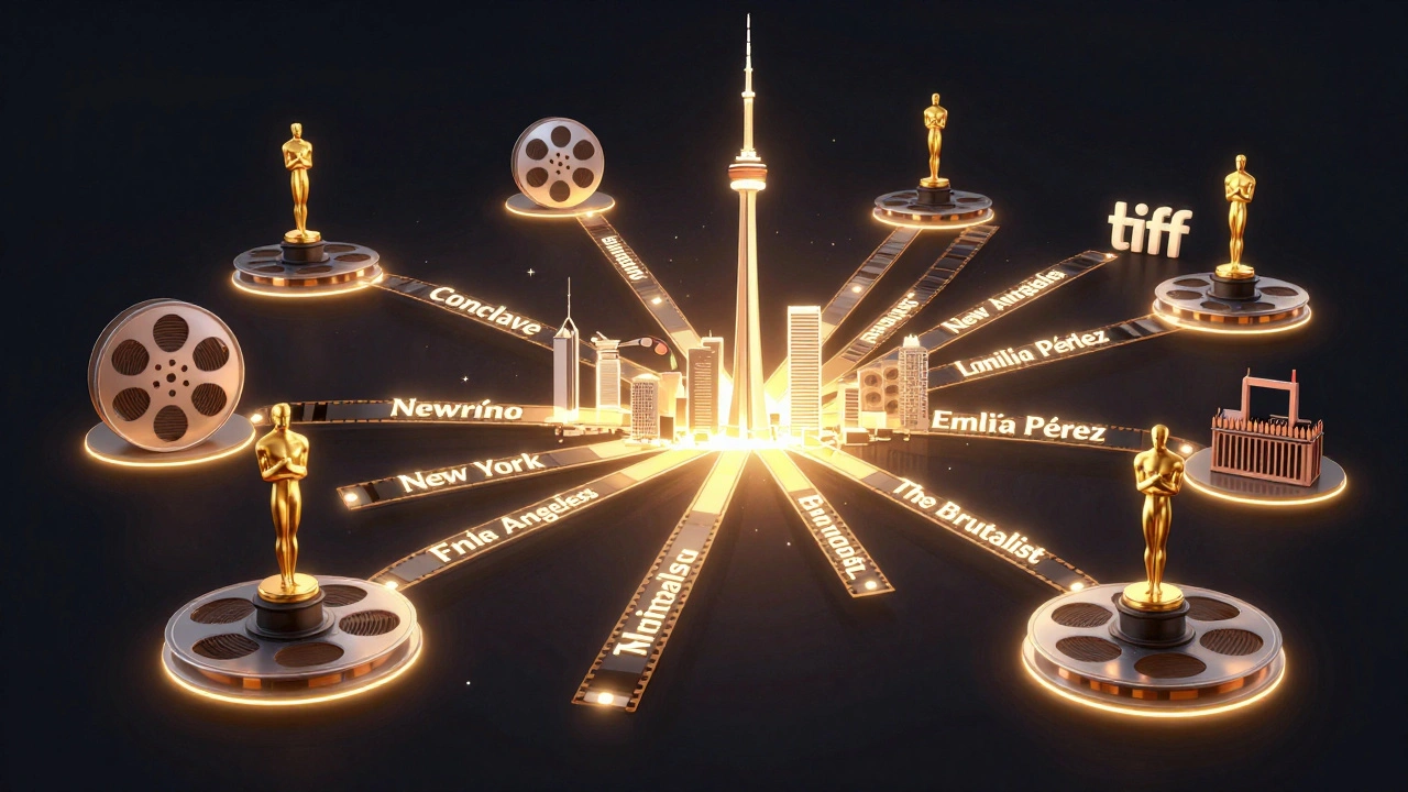 Toronto skyline at the center of a web connecting film reels and Oscar statuettes.