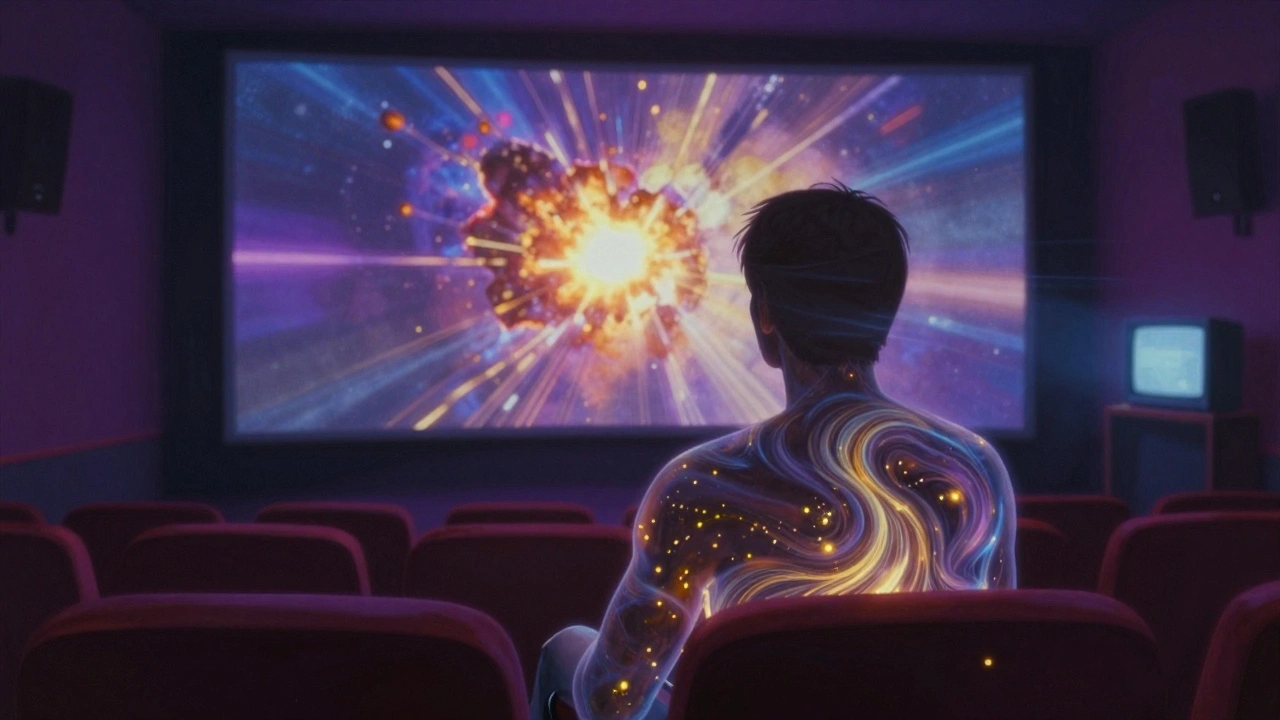 Transparent human body revealing wind, scent, and haptic waves responding to a film’s immersive scene.