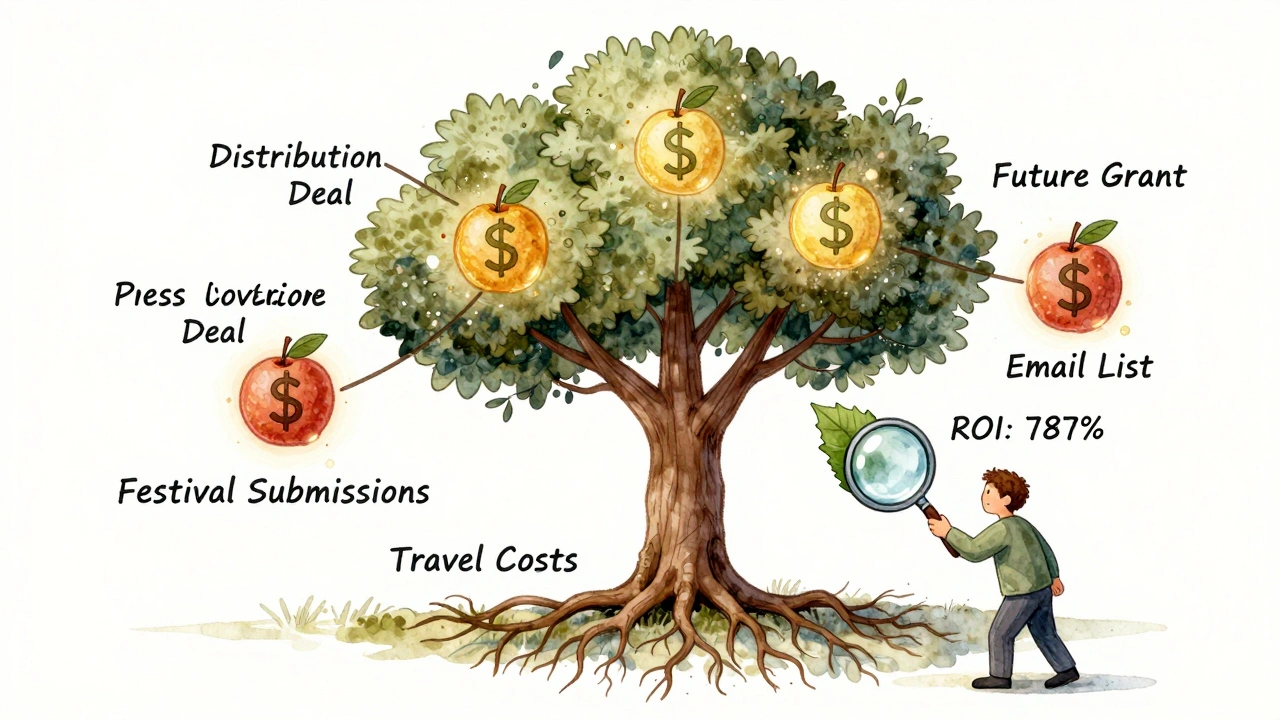 Tree with festival-related roots growing into value-bearing fruits like distribution deals and email lists.
