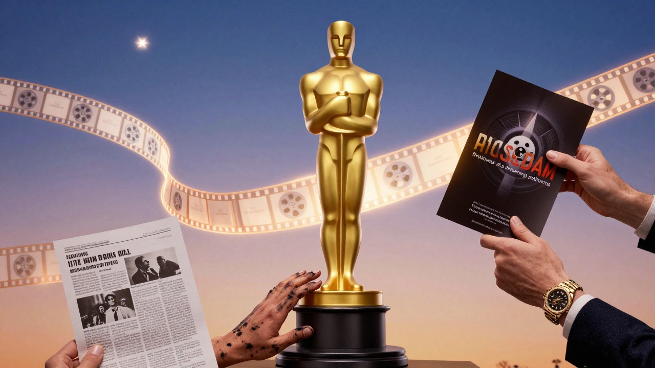 Two hands reaching for an Oscar statue, one holding a review, the other a studio brochure, with a splitting filmstrip.