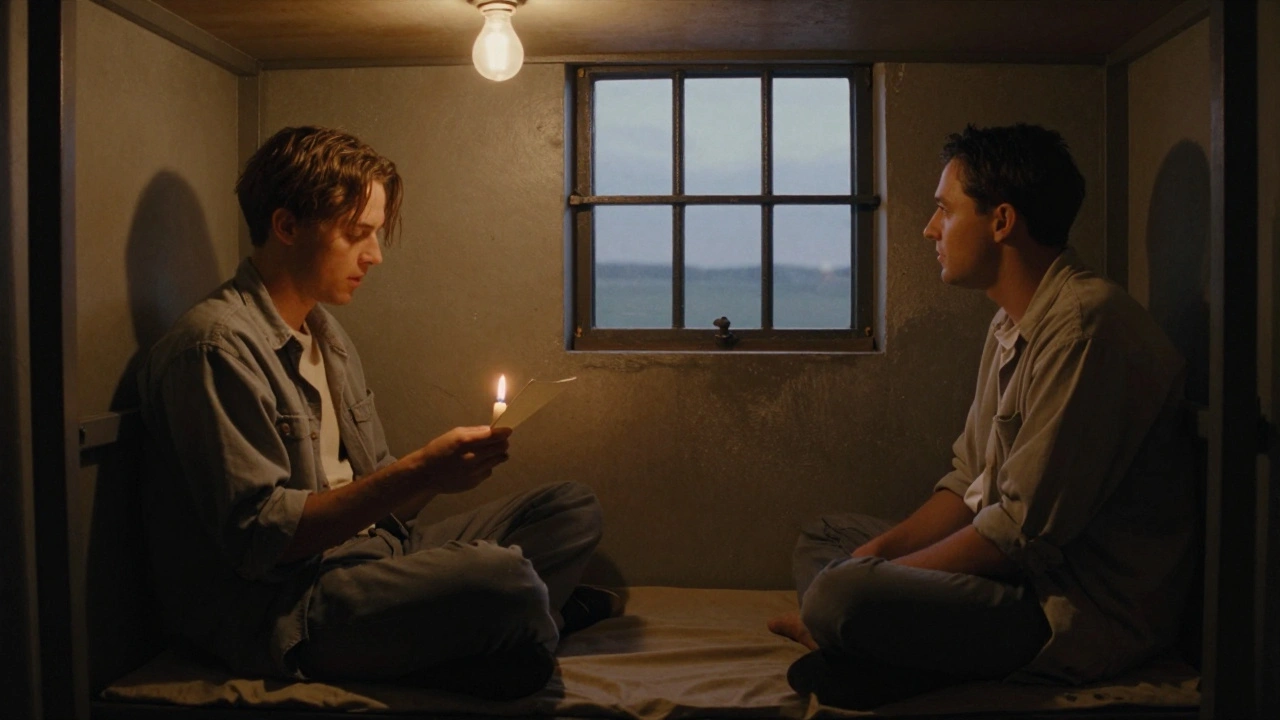 Two men in a prison cell, one reading a letter by candlelight, the other looking out the window.