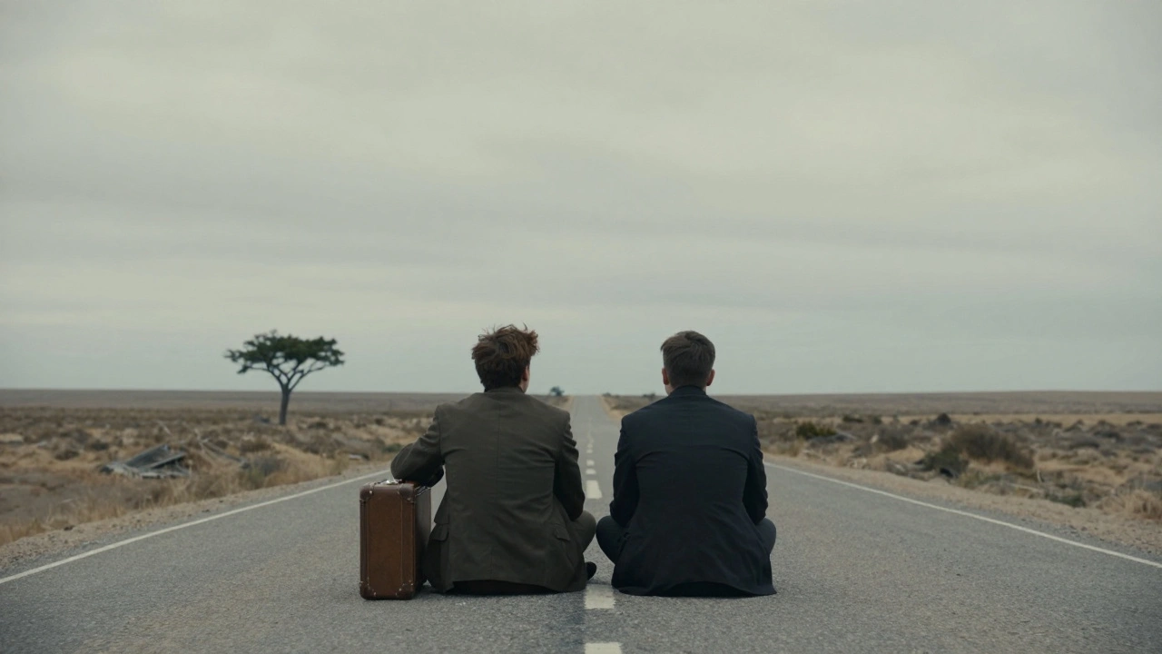 Two men sit silently on an empty road under a gray sky, waiting with no clear purpose.