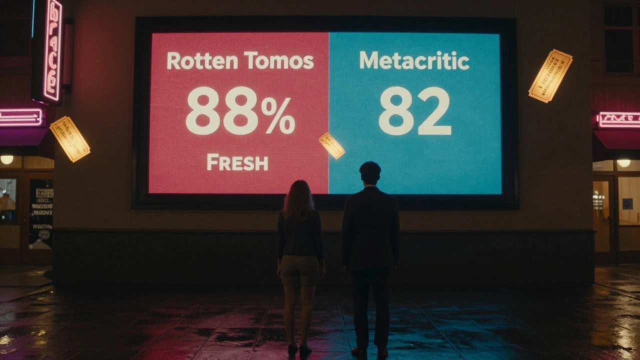 Two moviegoers staring at conflicting critic scores on a theater lobby screen at night.