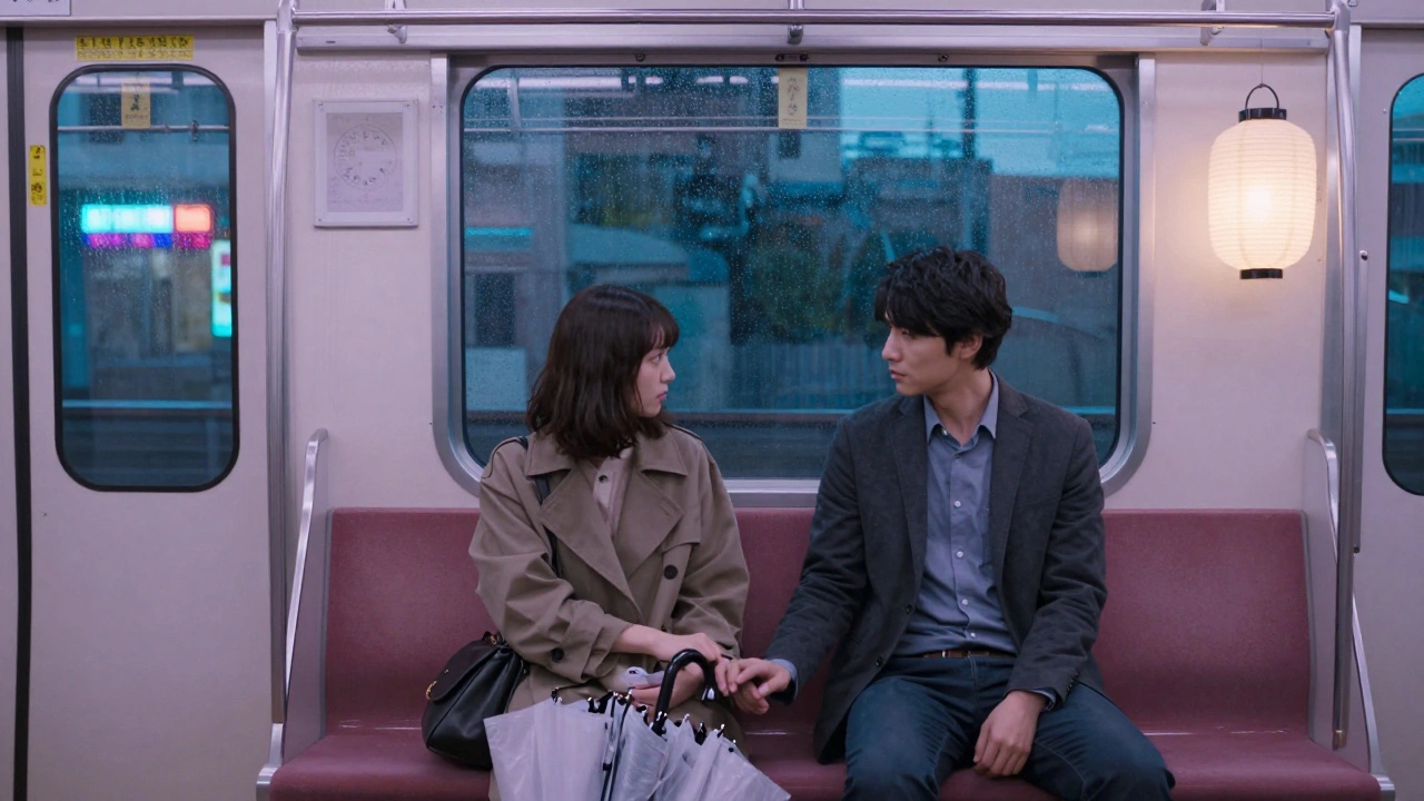 Two strangers sit on a Tokyo subway, sharing an umbrella as rain falls outside the window.
