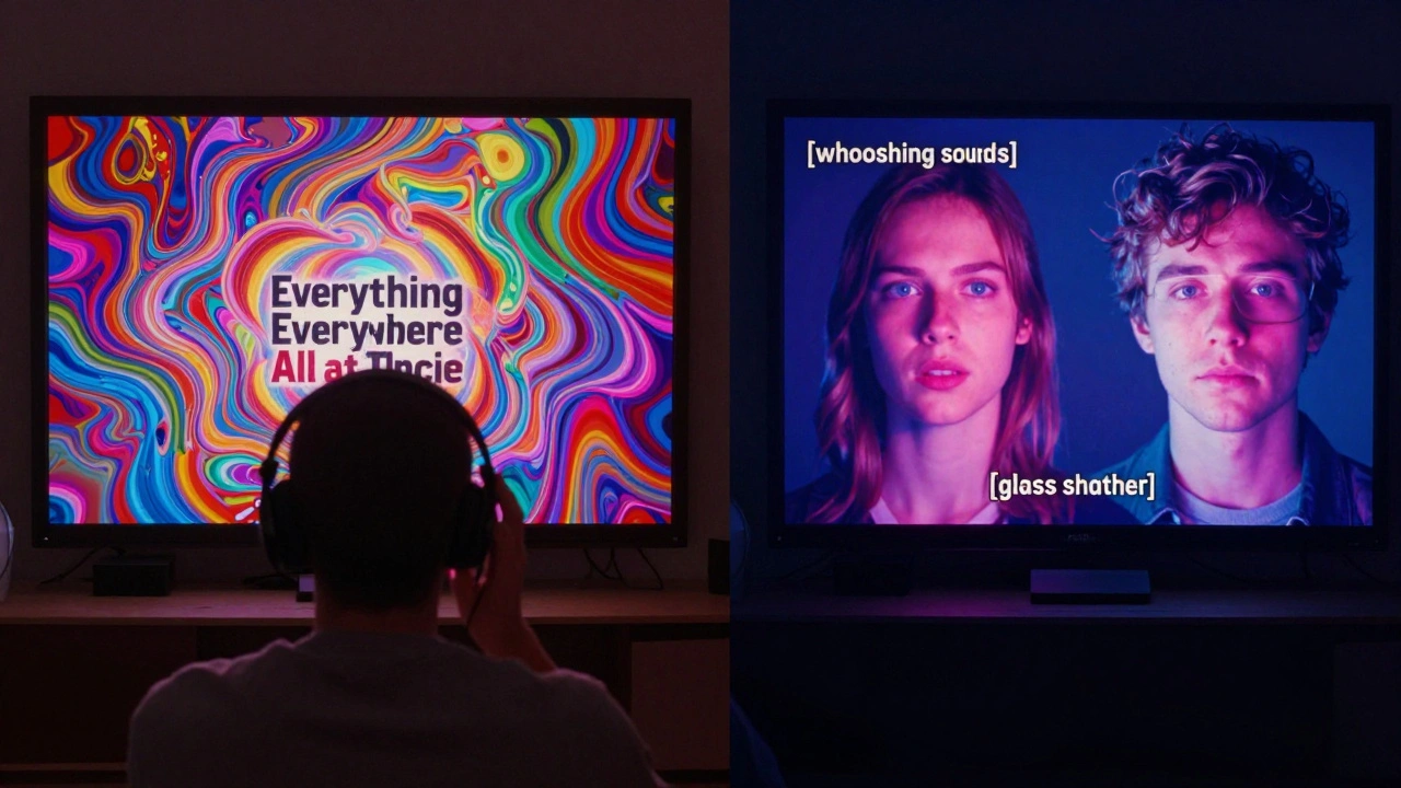 Two viewers watching a film: one hears audio description, another reads captions with sound cues.