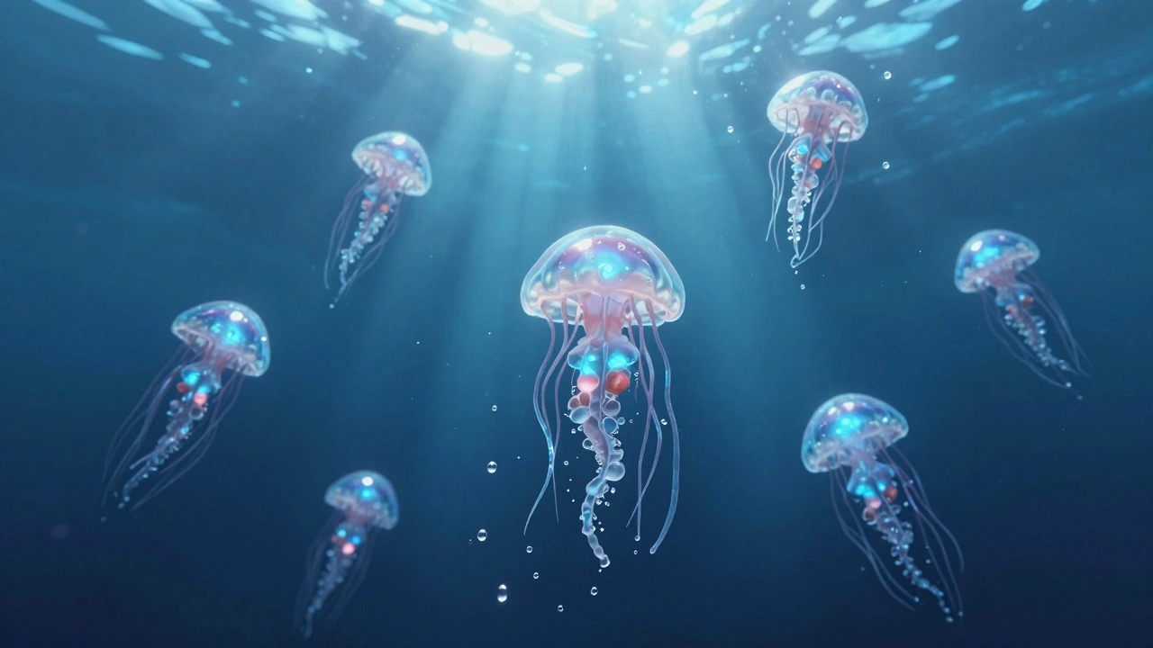 Underwater scene with glowing plankton and suspended water droplets, hyper-realistic and immersive.